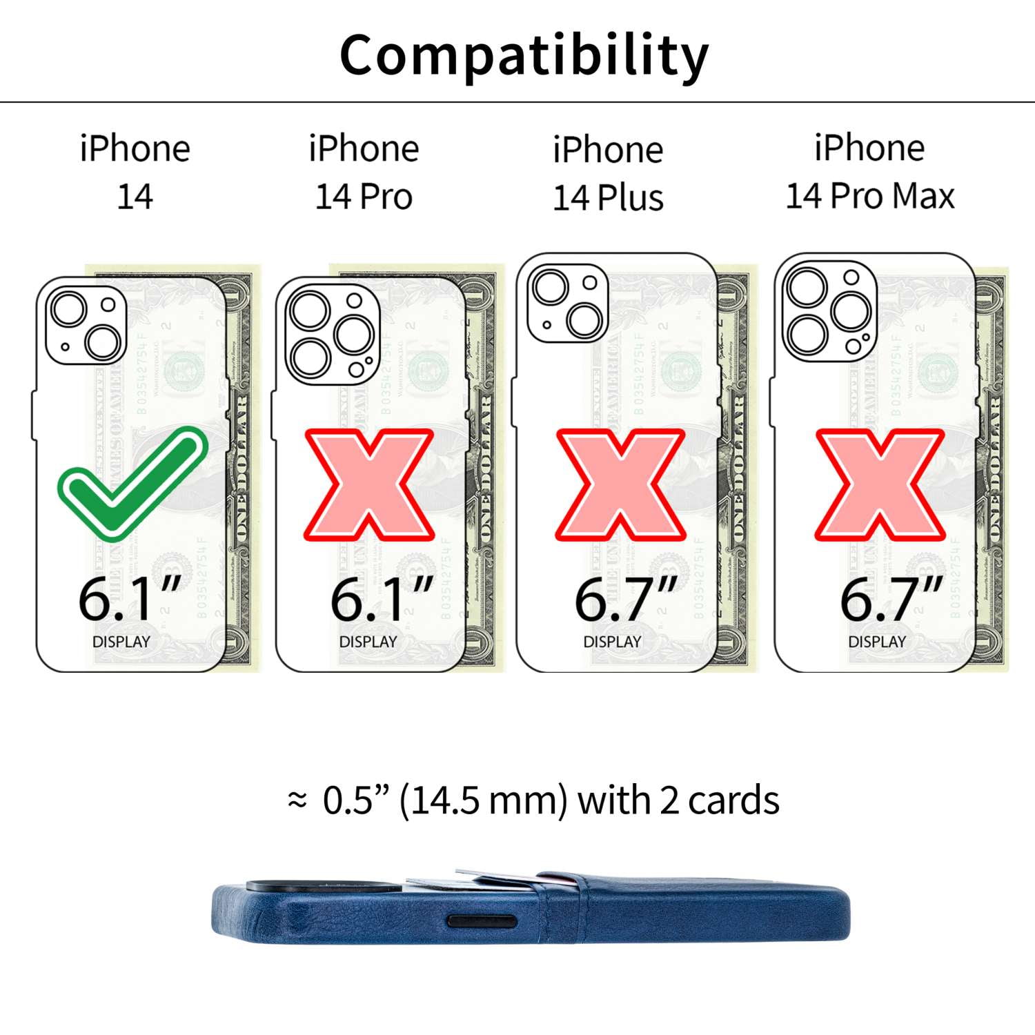 Dockem Card Case for iPhone 14 with Built-in Metal Plate for Magnetic Mounting & 2 Pockets: Exec M2 (Navy)