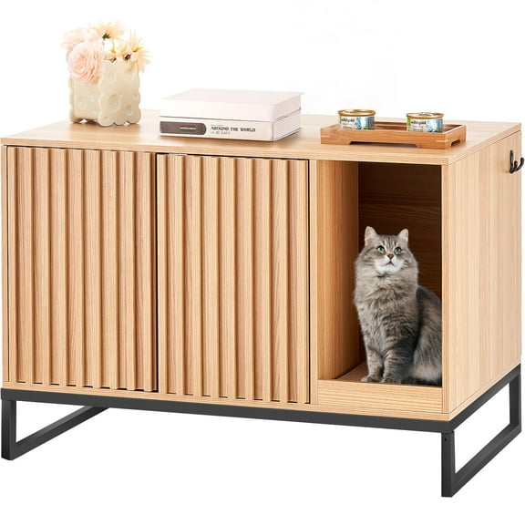 LYYHTY Cat Litter Box Enclosure Furniture, 31.5" Large Wooden Cabinet with Scratching Board, Magnetic Doors, Multifunctional as Coffee Table/Storage, for Small to Large Cats