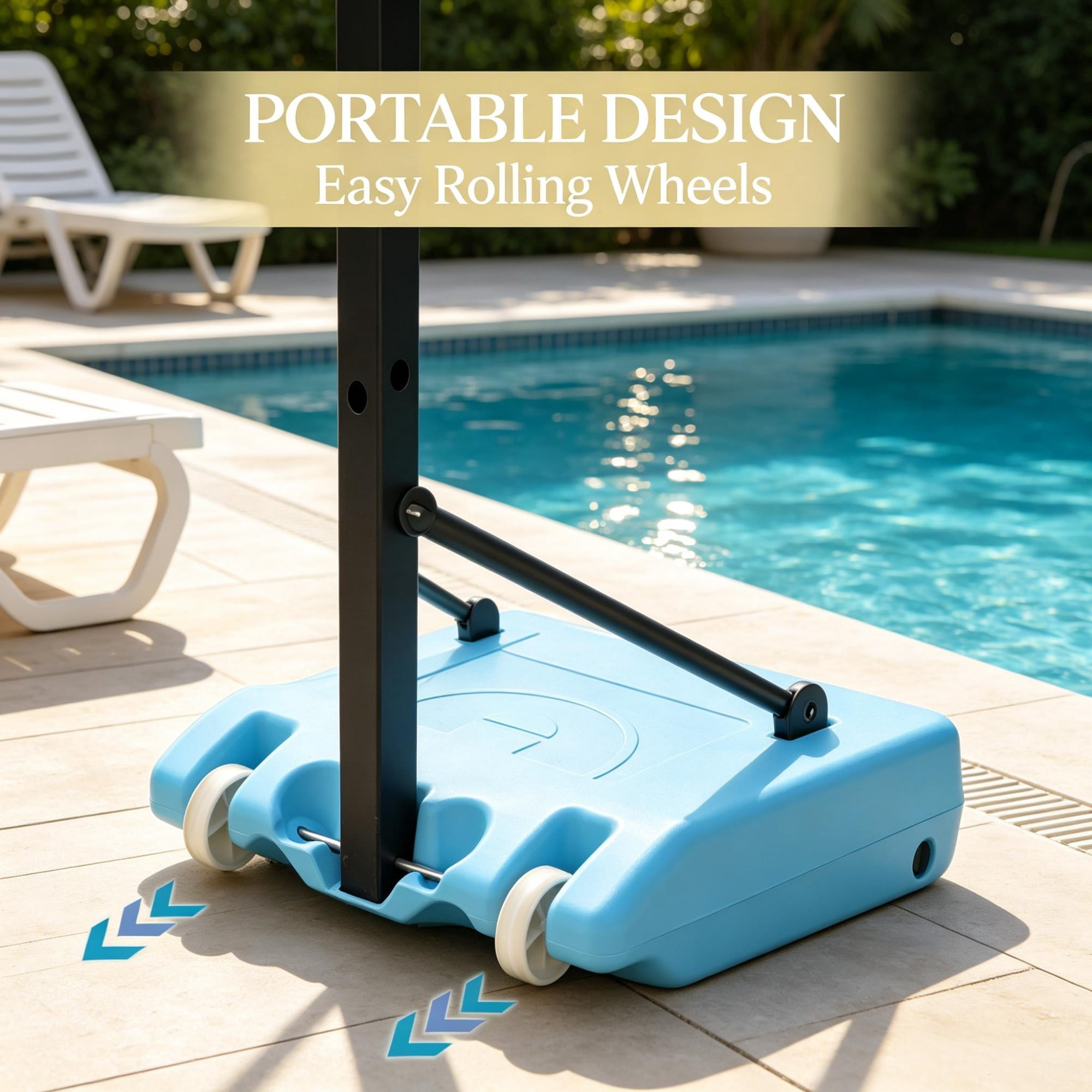 Adjustable Poolside Basketball Hoop Stand 5 Height Levels 36.5-48.5in, Weighted Fillable Base with Rolling Wheels Portable Water Basketball Game for Family Pool Party