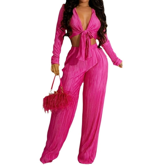 Women's 2 Piece Outfit Set - Sexy V Neck Wrap Tie Front Crop Top with Long Sleeves and Wide Leg Pants