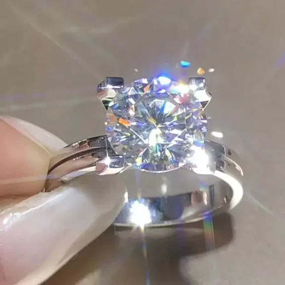 Aishvi Jewels 2 Ct Round Cut Natural Moissanite Tester Pass Engagement Ring 14K White Gold Plated