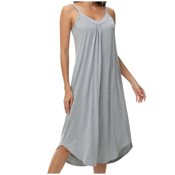 Tnhcen Women's Summer Solid Spaghetti Strap Sleep Dress Modal Cotton Polyester Loose-Fit Nightgown with Flowy Skirt for S-2XL & Breathable