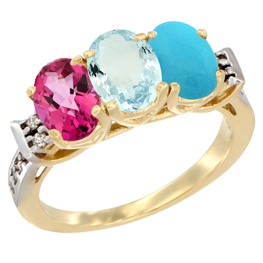 14K Yellow Gold Natural Pink Topaz, Aquamarine & Turquoise Ring 3-Stone 7x5 mm Oval Diamond Accent, sizes 5 10 by WorldJewels
