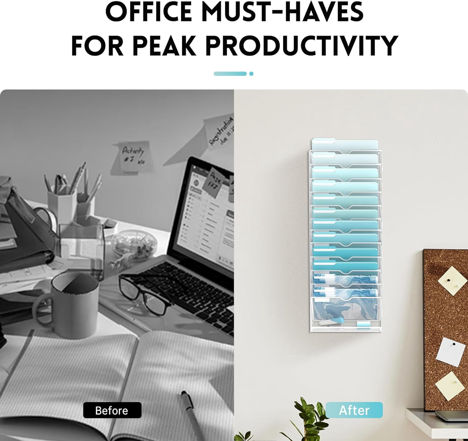 INTIGE 13-Tier Wall File Organizer, Metal Hanging Mounted Paper Rack, White, Screw Installation