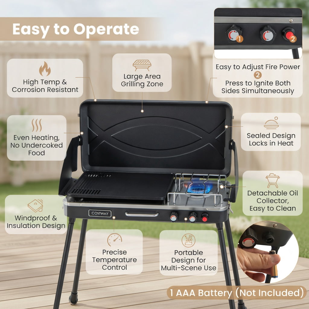 Resenkos Outdoor Patio Barbecue Cooker, Outdoor Grills,2-in-1 Gas Camping Grill and Stove with Detachable Legs-Black