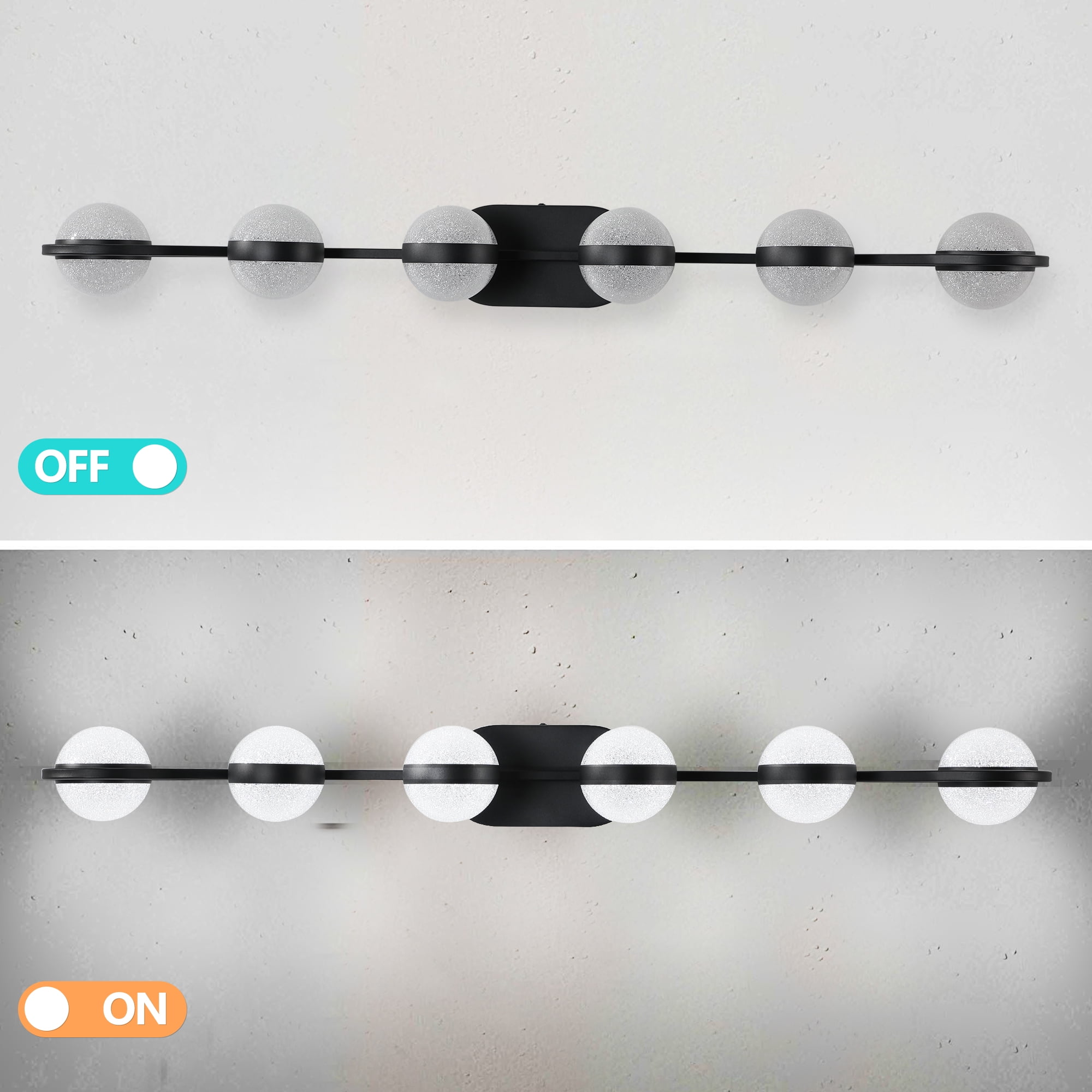 YANSUN 43.3 in Black Minimalist LED 6-Light Bathroom Vanity Light with Crystal Sand Acrylic Shades for Bathroom Mirror, Hallway, Bedroom