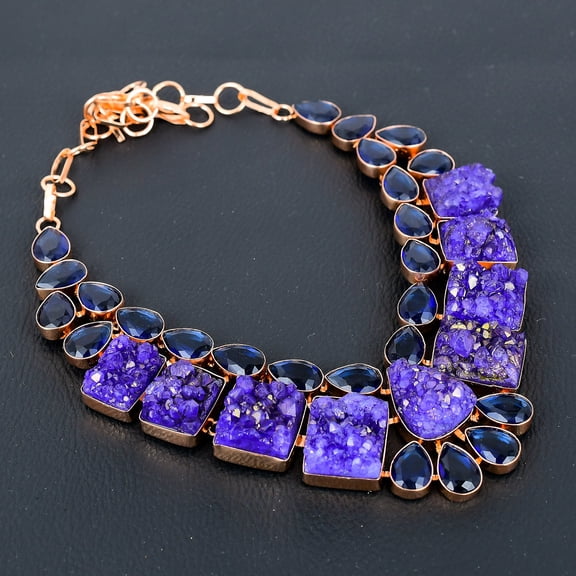 Natural Titanium Druzy, Iolite Gemstone Handmade Copper Necklace 18"