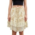 thumbnail image 1 of Shorts bombachos para mujer hasta la rodilla con estampado floral, cintura elástica con cordón ajustable, ribete de encaje y patchwork. Shorts casuales coquetos., 1 of 9