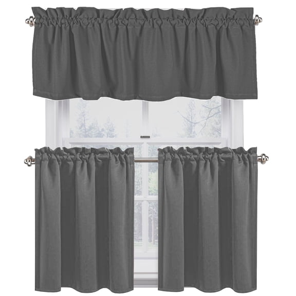 Native Fab Full Kitchen Window Curtain Tiers Valance Set 100% Cotton - Rod Pocket - 3 Piece - Grey