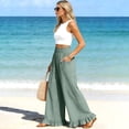 thumbnail image 4 of Linen Pants Women Flowy Ruffle Hem Wide Leg Palazzo Pants with Patch Pockets Casual Ruched Waist Summer Vacation Pant Light Blue M, 4 of 9