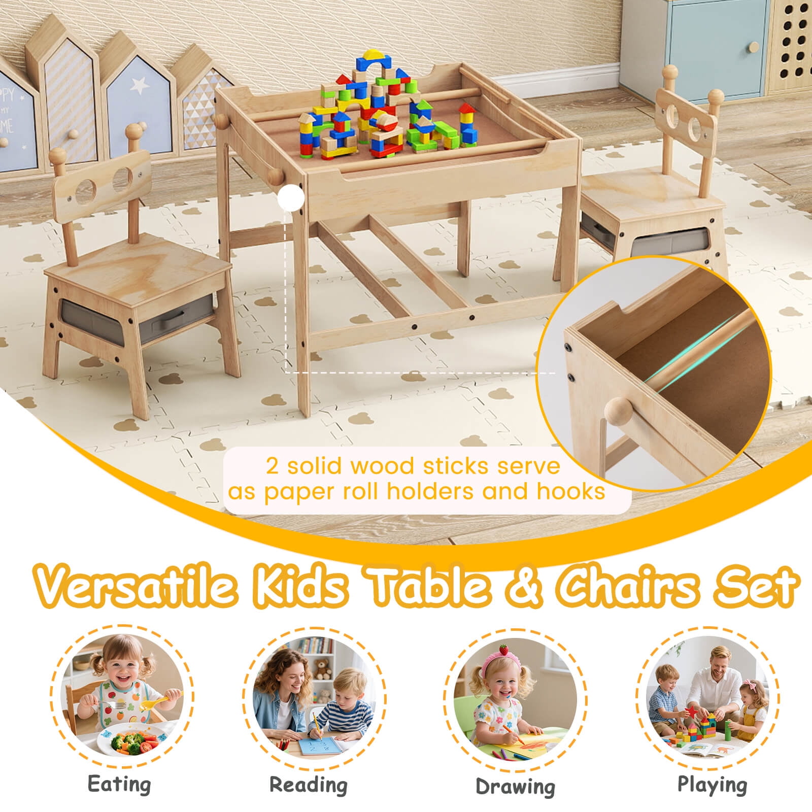 Costway Kids Table and Chairs Set 4 in 1 Children Activity Table with Reversible Whiteboard Gray+Natural