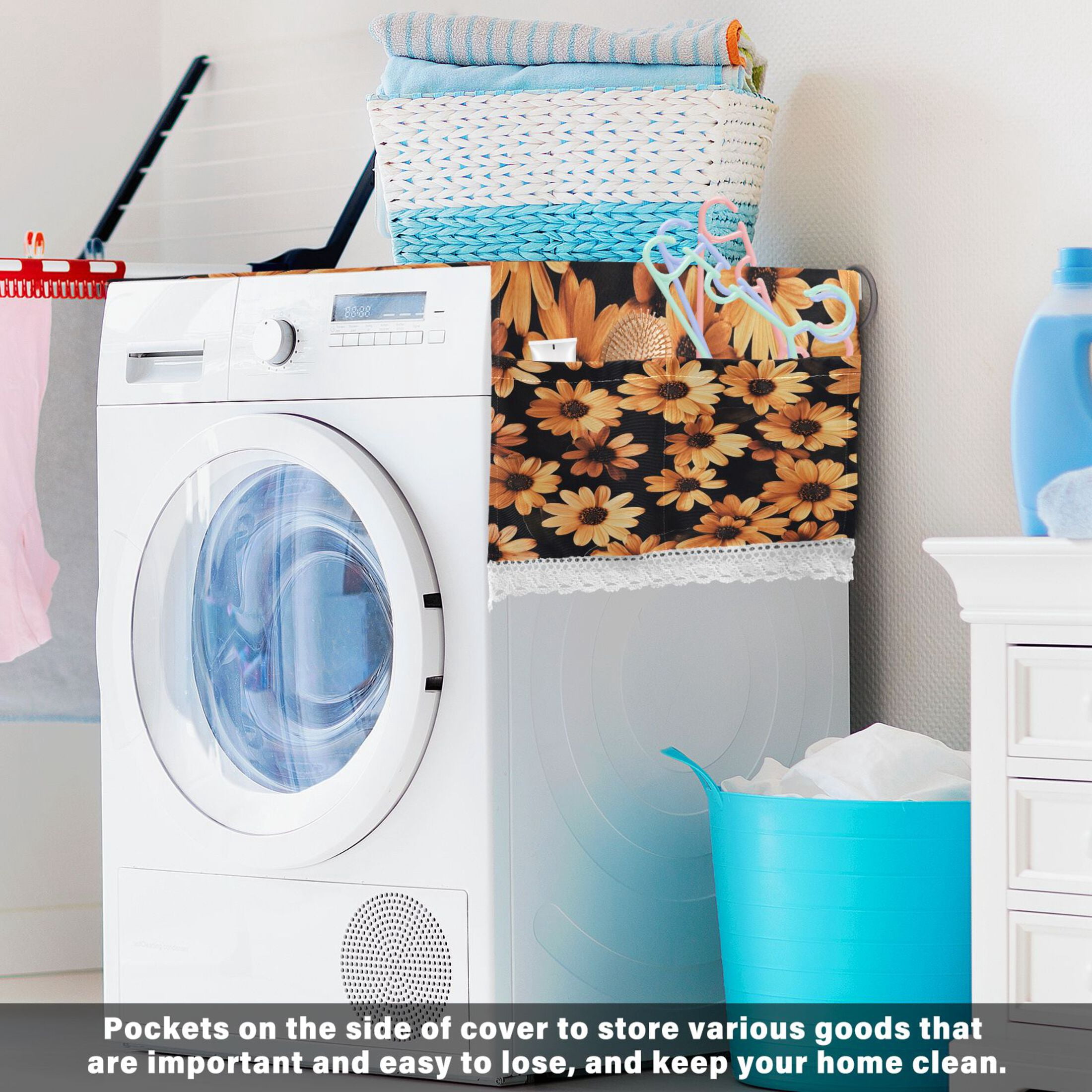 Orange DaisiesWasher and Dryer Covers Dust-Proof and Oil Resistant Fridge Cover with 4 Storage Pockets Washing Machine Top Cover for Laundry Kitchen Home 51.2 x 22 In