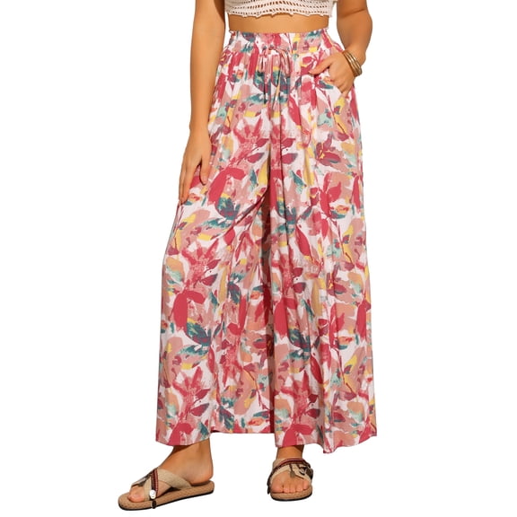INSPIRE CHIC Tropical Pants for Women's Boho Elastic Waisted Flare Palazzo Wide Leg Pants XS White Red