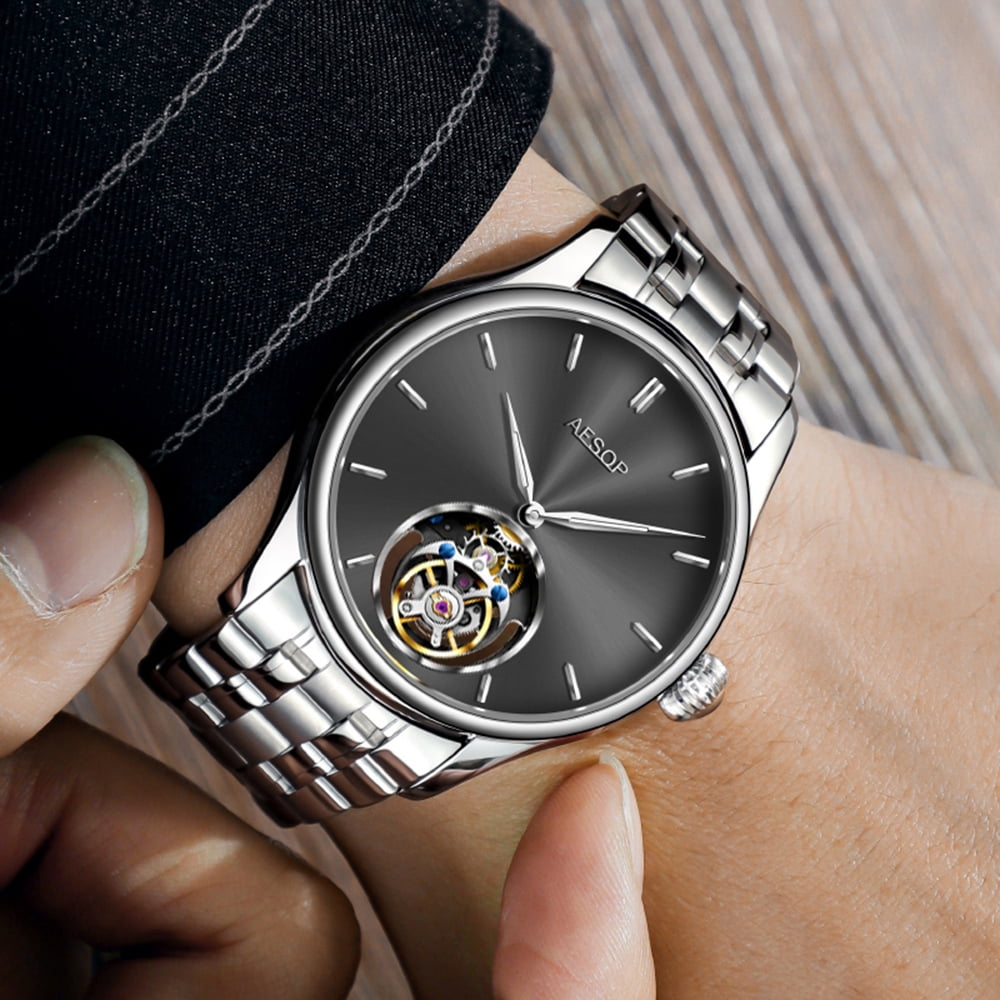2025 AESOP 100% Tourbillon Mechanical Watch For Men Silver Steel Belt BUSINESS Fashion Mens Watches Manual Mechanical Waterproof