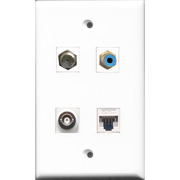 RiteAV 1 Port RCA Blue and 1 Port Coax Cable TV- F-Type and 1 Port BNC and 1 Port Cat5e Ethernet White Wall Plate