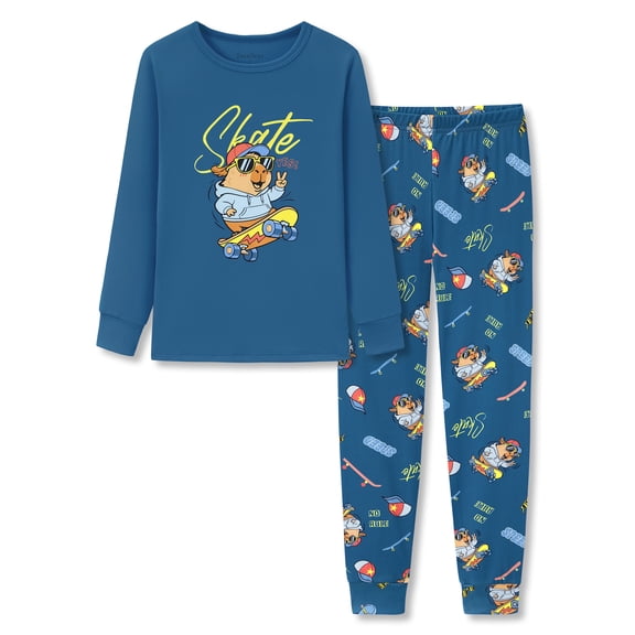Beezizac Boys Capybara Skateboard Pajamas Long Sleeve Ribbed Knit Sleepwear Cozy PJ Set for Kids Size 8