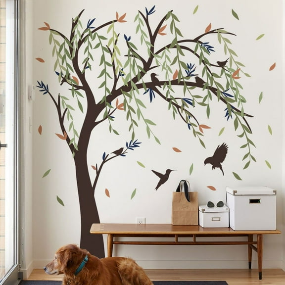 Forest tree decals Large Green Tree Wall Stickers Flying Leaves Birds Wall Decals DIY Removable Peel and Stick Wall Art Decals Bedroom Living Room Sofa TV Background Wall Decor (H:127CM)