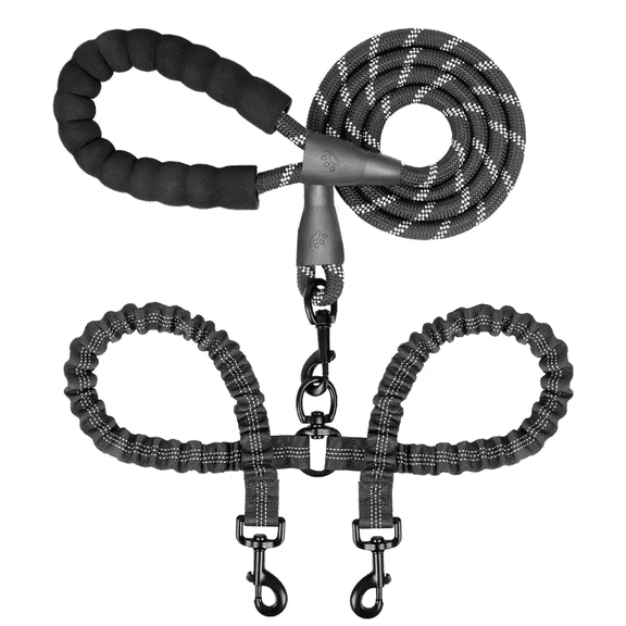 PLERISE Double Dog Leash for 2 Dogs, 360 Swivel No Tangle Dual Training Leash, Shock Absorbing Bungee, Black, for 25-150 lbs
