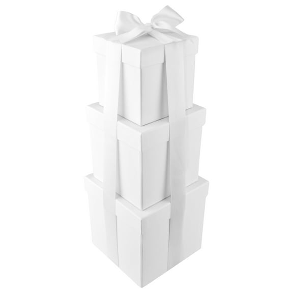 Homeford Nested Square Gift Boxes, White, 5-inch, 6-inch, 7-inch, 3-piece, 1.5-inch White Satin Ribbon