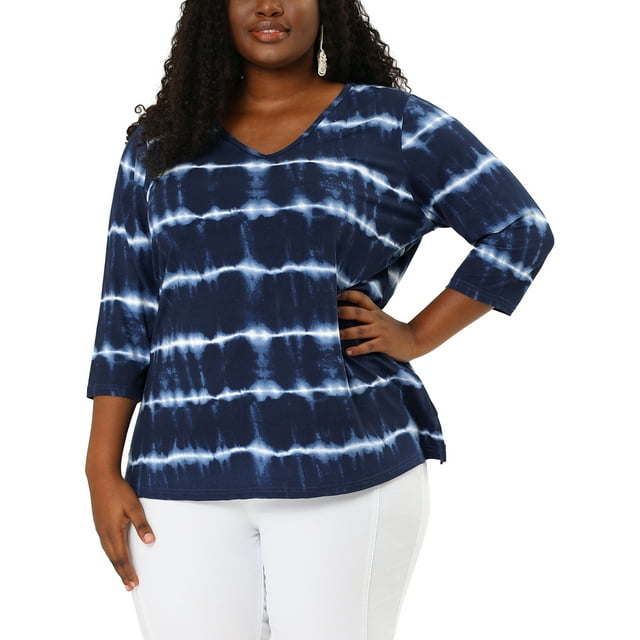 Women's Plus Size T-shirt Tye Dye Side Slit 3/4 Sleeve Stripe Top Blue 4X