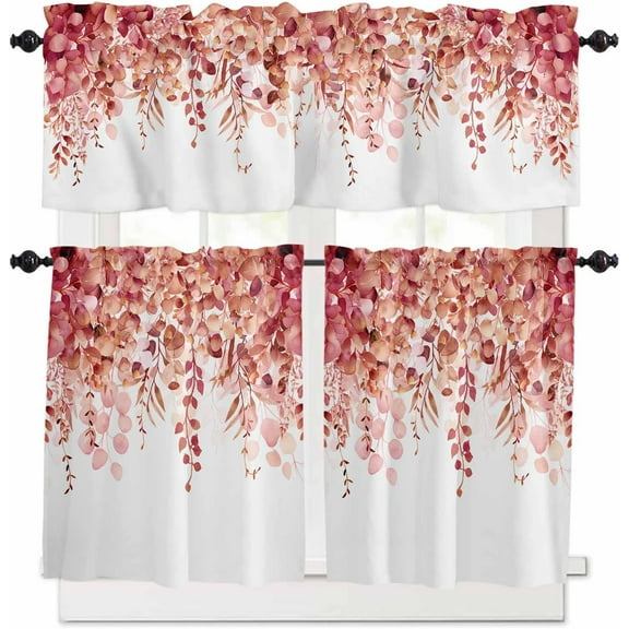 Kitchen Curtain Valance and Tiers Set Red Eucalyptus 3 Pc Window Treatment Watercolor Leaves 3 Pieces Rod Pocket Valance Set for Small Windows 54 in x 36 in
