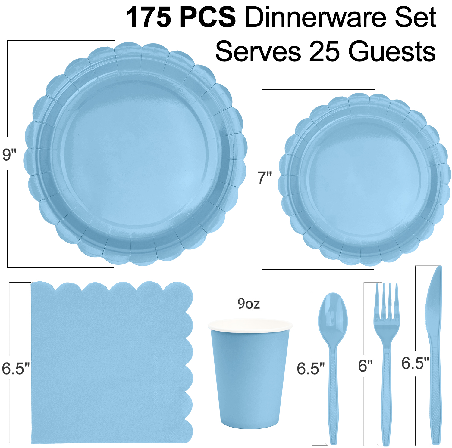 Inadays 175Pcs Disposable Party Supplies Includes Blue Paper Plates Cup Napkins Forks Spoons Knives, Dinnerware Set for Garden Party Birthday BBQ Baby Shower Wedding, Serve 25 Guests