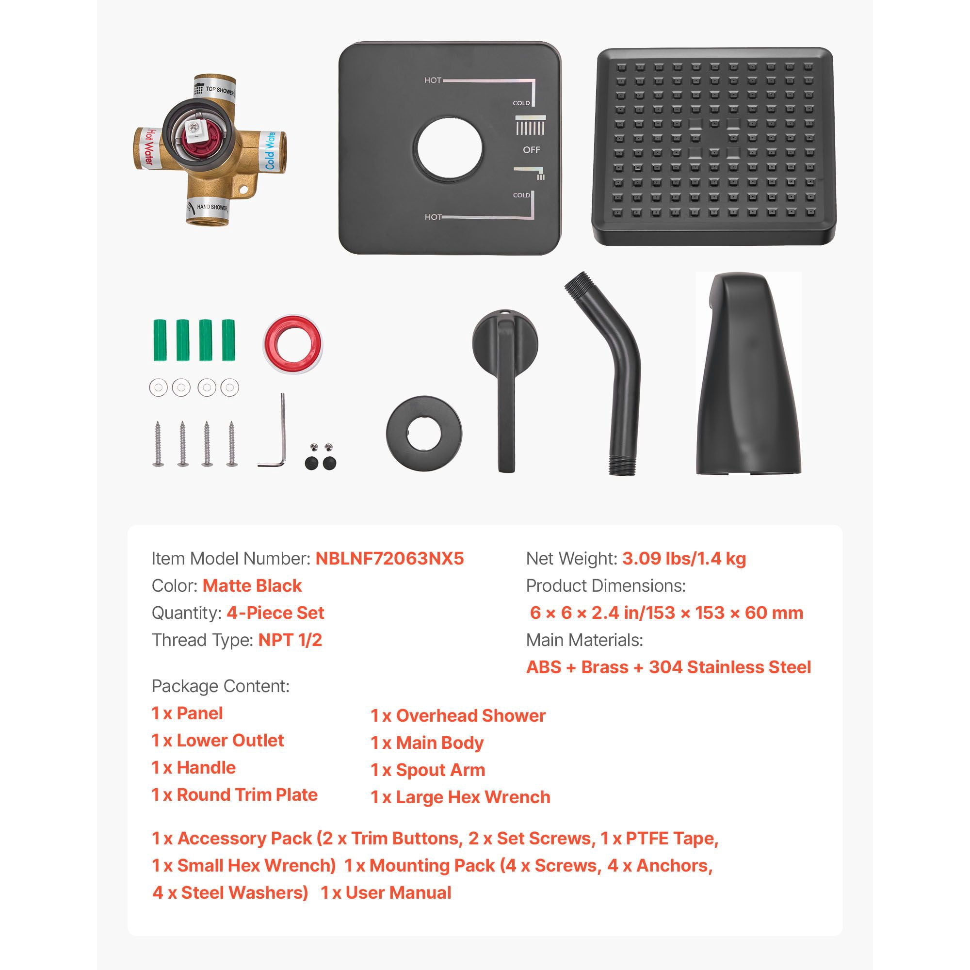 Tub and Shower Faucet Set 4-Piece Brass Valve ABS Shower Head 304 Stainless Steel Panel Matte Black for Bathroom