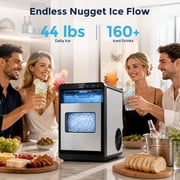 Snowyermine Nugget Ice Maker Countertop, 44 lbs per Day, Soft, Chewable Sonic-Style Pebble Ice, One-Touch Self-Cleaning, Stainless Steel, Silver, for Home, Kitchen, Office, RV and Camping