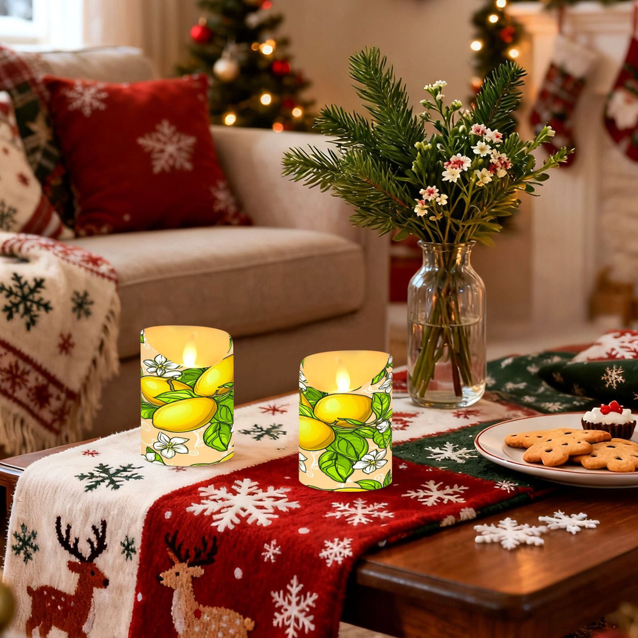 Lemon Blossoms Flameless Candles 2 PCS with Remote Realistic Moving Flame LED Tapered Pillar Set for Home Decor