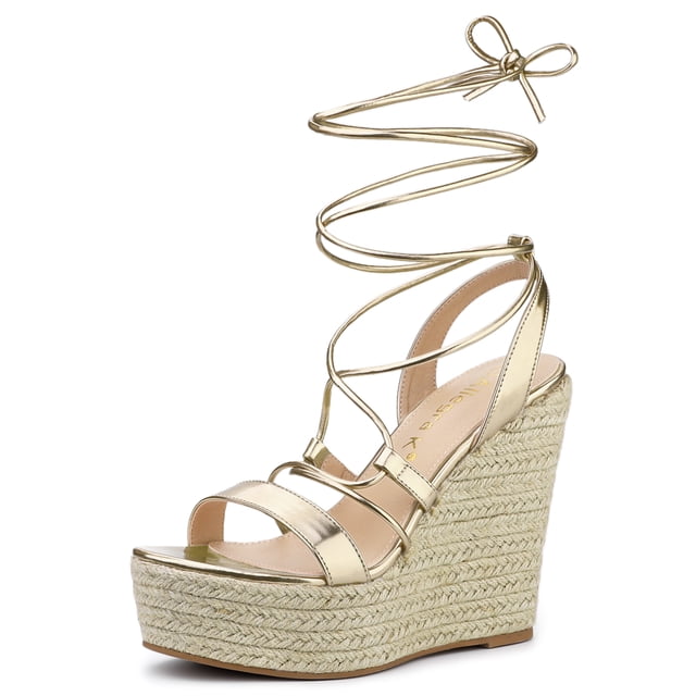 BLISSFUL STEP Sandales Espadrilles à Plateforme à Talon Compensé à Lacets Dorées pour Femmes 7 m US
