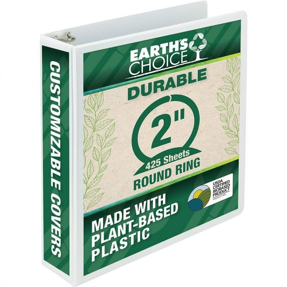 Earth's Choice Biobased Round Ring View Binder, 3 Rings, 2" Capacity, 11 X 8.5, White | Bundle of 5 Each