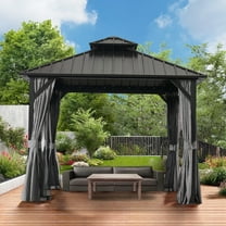 MEWANG 12x12 ft Gazebo Double Roof Canopy with Netting and Curtains, Outdoor Gazebo 2-Tier Hardtop Galvanized Iron Aluminum Frame Garden Tent for Patio, Backyard and Lawns