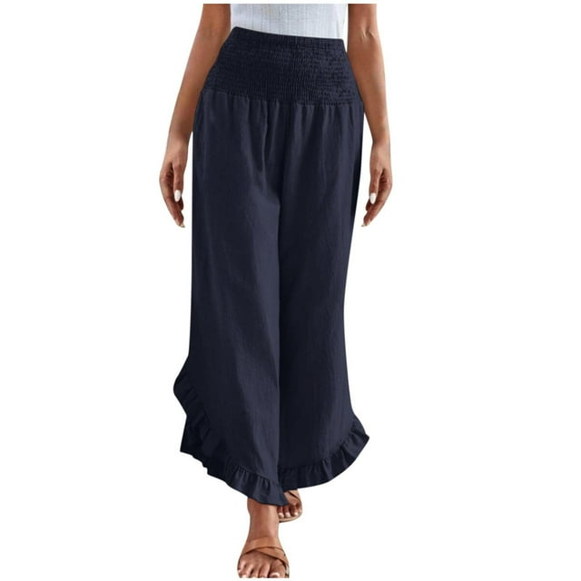 Plebaso Womens Palazzo Pants Smocked High Waist Wide Leg Pants Ruffle Hem Lightweight Flowy Summer Pants