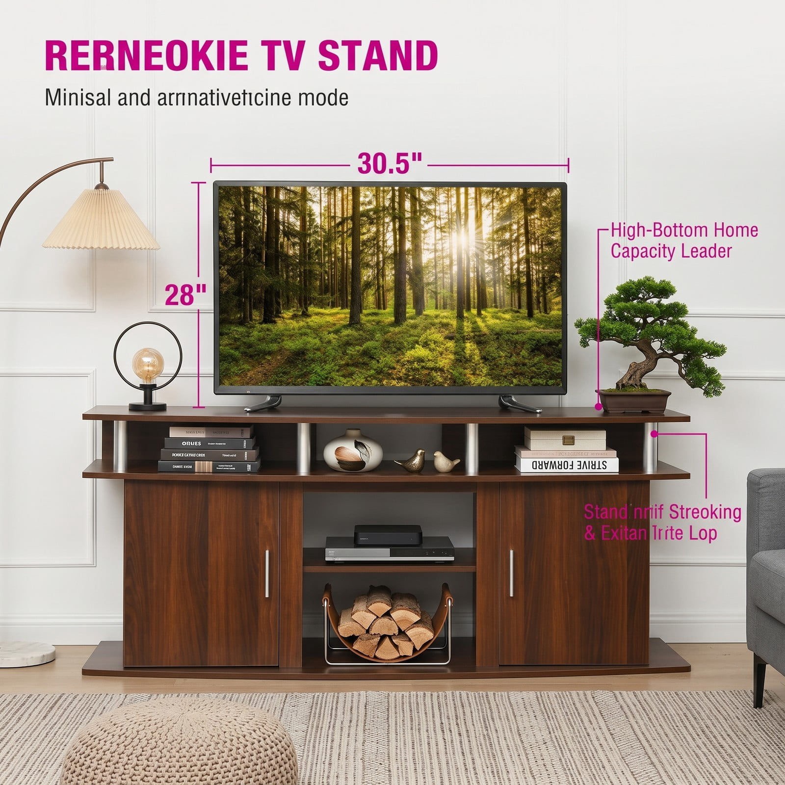 Furnibear 63 Inch TV Stand Entertainment Center for TVs up to 70 Inch, Modern Media Console with 2 Storage Cabinets and Open Shelves, Fireplace-Ready Wood TV, Walnut
