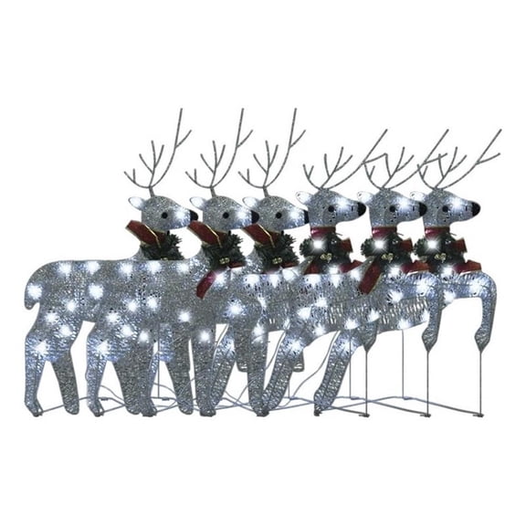 Benjara Outdoor 120 LED Light Christmas Decor Reindeer Set of 6- Silver Metal