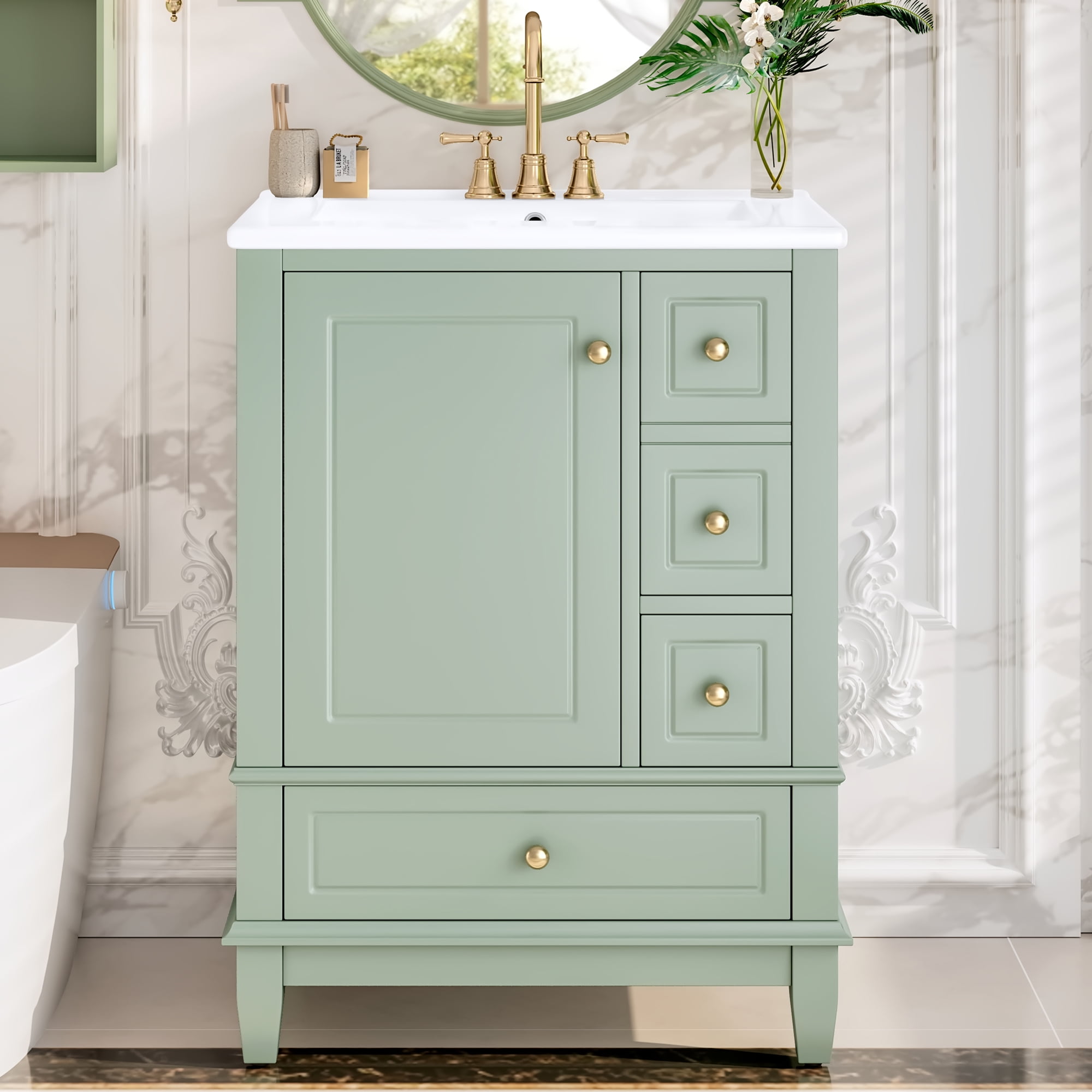 Euroco 24" Bathroom Vanity with Sink and Drawers, Green Freestanding Vanity Cabinet with Ceramic Top and Storage Shelves, MDF and Solid Wood Base, Modern Sink Cabinet