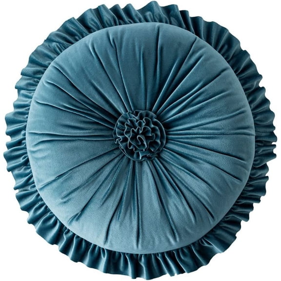 Namzi Round Throw Pillow with Ruffles, Pumkin Pleated Velvet Chair Cushion 3D Floral Decorative Floor Pillow for Sofa Bedroom Office Car (Blue,Diameter 14")