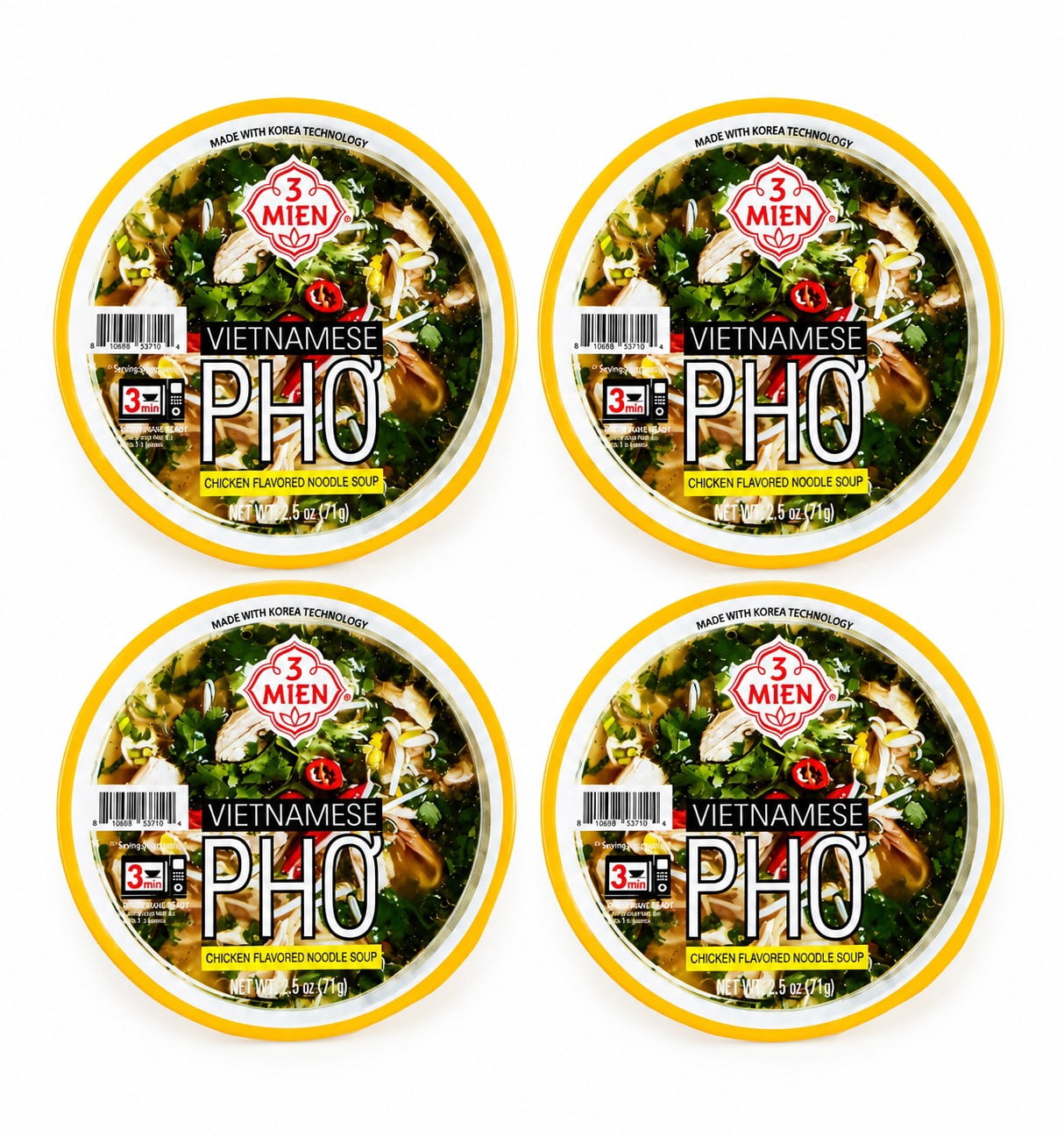 3 Mien Vietnamese Pho Chicken Flavored Instant Rice Noodle Soup Bowls, 2.5 oz Each, 4 Pack, Microwave Ready