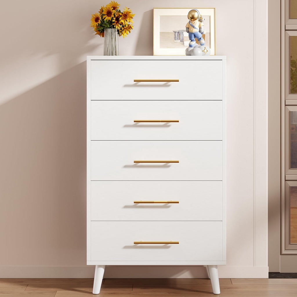 Aiho 5 Drawer Dresser, Tall Chest of Drawers Nightstand Storage Tower Storage Wooden Dresser for Living Room, Bedroom, Hallway - White