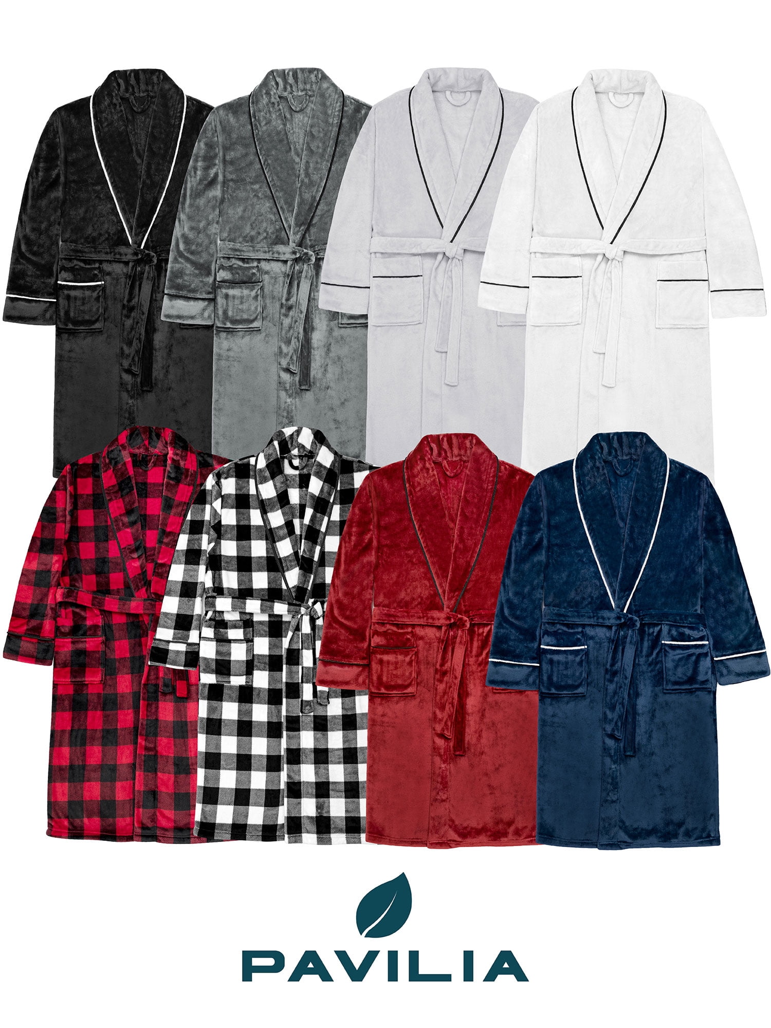 Mens Soft Robe, Plush Warm Bathrobe for Men, Long Spa Robe with Shawl Collar, Pockets, Trim Piping (Navy Blue)