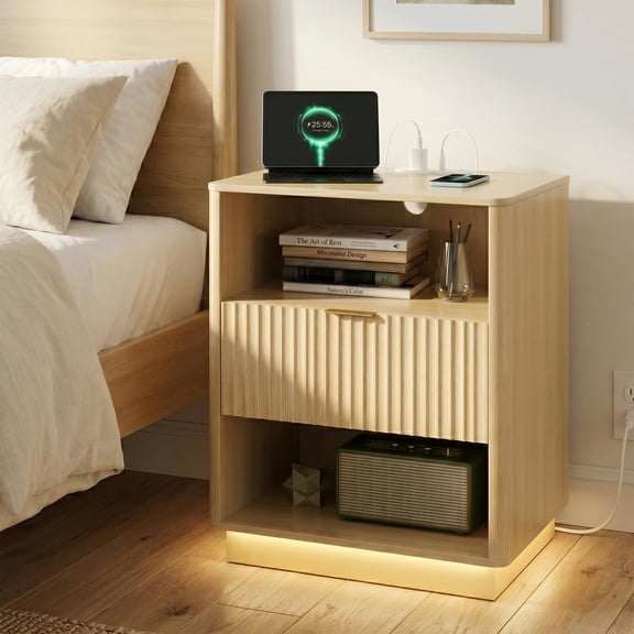 Modern Fluted Nightstand with Charging Station, 7-Color LED Light, Drawer, Mid-Century Bedside Table, Natural Wood
