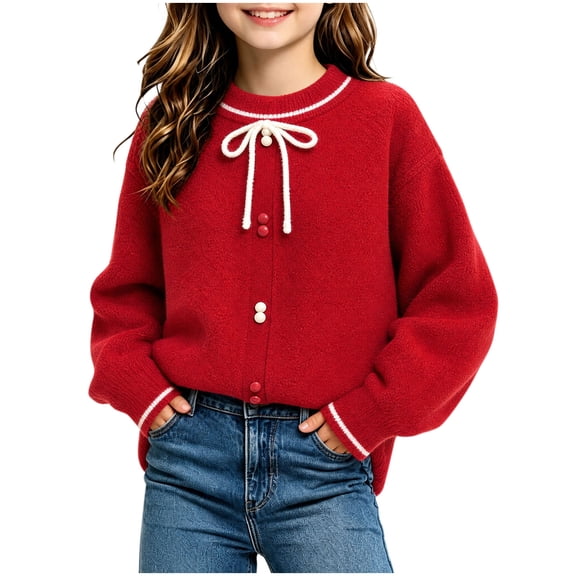 Girls Bow Sweater Cute Crew Neck Pullover for Kids Girls Christmas Birthday Sweaters Red 11-12 Years