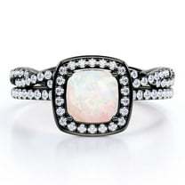 JeenMata Infinity Eternity Pave 1.75 carat Cushion Cut Andamooka Opal And Moissanite Pave-Channel Halo Wedding Ring Set In 18K Black Gold Plating Over Silver
