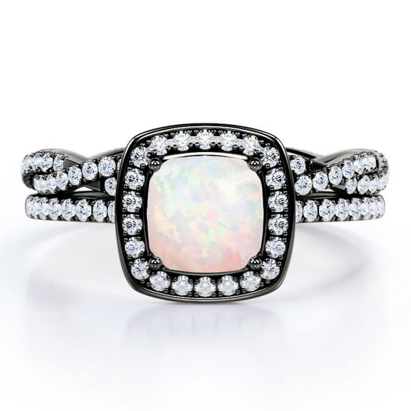 JeenMata Infinity Eternity Pave 1.75 carat Cushion Cut Andamooka Opal And Moissanite Pave-Channel Halo Wedding Ring Set In 18K Black Gold Plating Over Silver