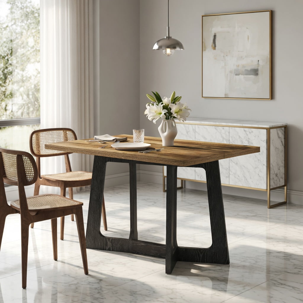Hommoo 47 Inch Farmhouse Dining Table for Small Spaces, Sturdy Pedestal Kitchen Table for 2 to 4 People, Wood Grain & Black Metal Industrial Design, Brown