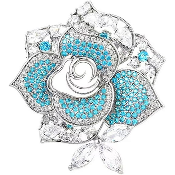 Rhinestone Rose Flower Brooch Lapel Pins for Women Her Dazzling Fashion Crystal Blue Crystal Cubic Zirconia Flower Brooches Pin for Dress Accessories Jewelry Boutonniere Wedding Corsage