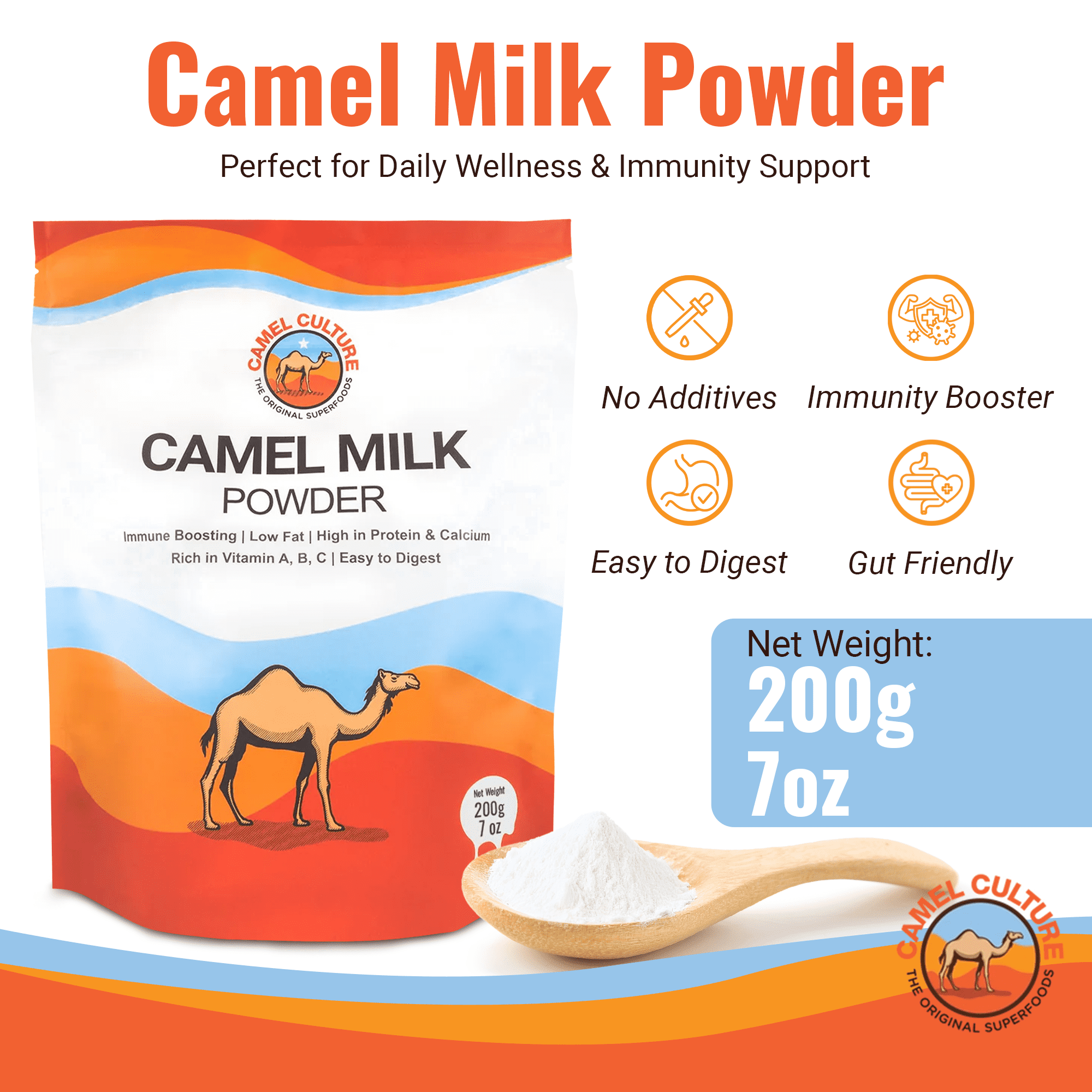 Camel Culture Dry Camel Milk Powder (200 g) – Nutrient Dense, Low Lactose Powdered Milk Packets – Concentrated, Pasteurized Traditional Dairy Alternative - Health Drink Powder for Recipes, Smoothies
