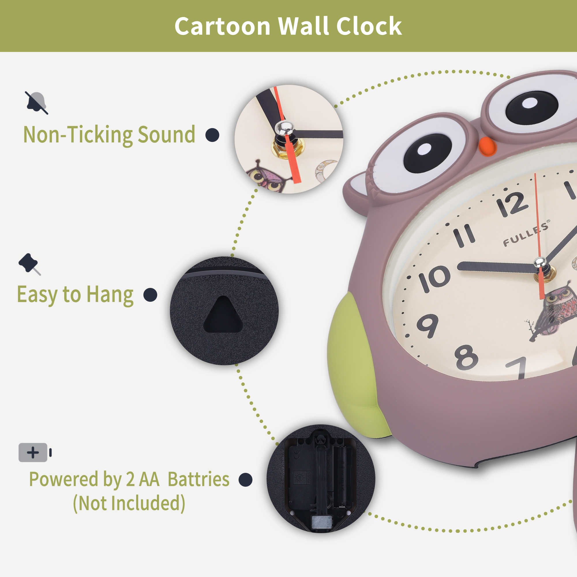 Unique Bargains 1pc Lovely Owl Silent Non Ticking Wall Clock 15" x 15" x 2.8" Dark Grey