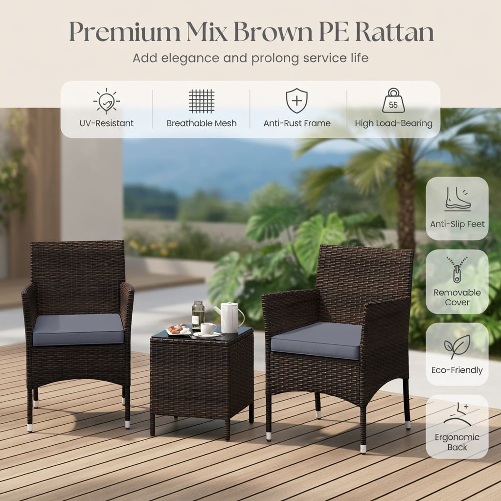 Hommoo 3-Piece Outdoor Wicker Conversation Set, PE Rattan Chairs with Cushions & Tempered Glass Square Coffee Table for Patio, Backyard, Poolside, Gray