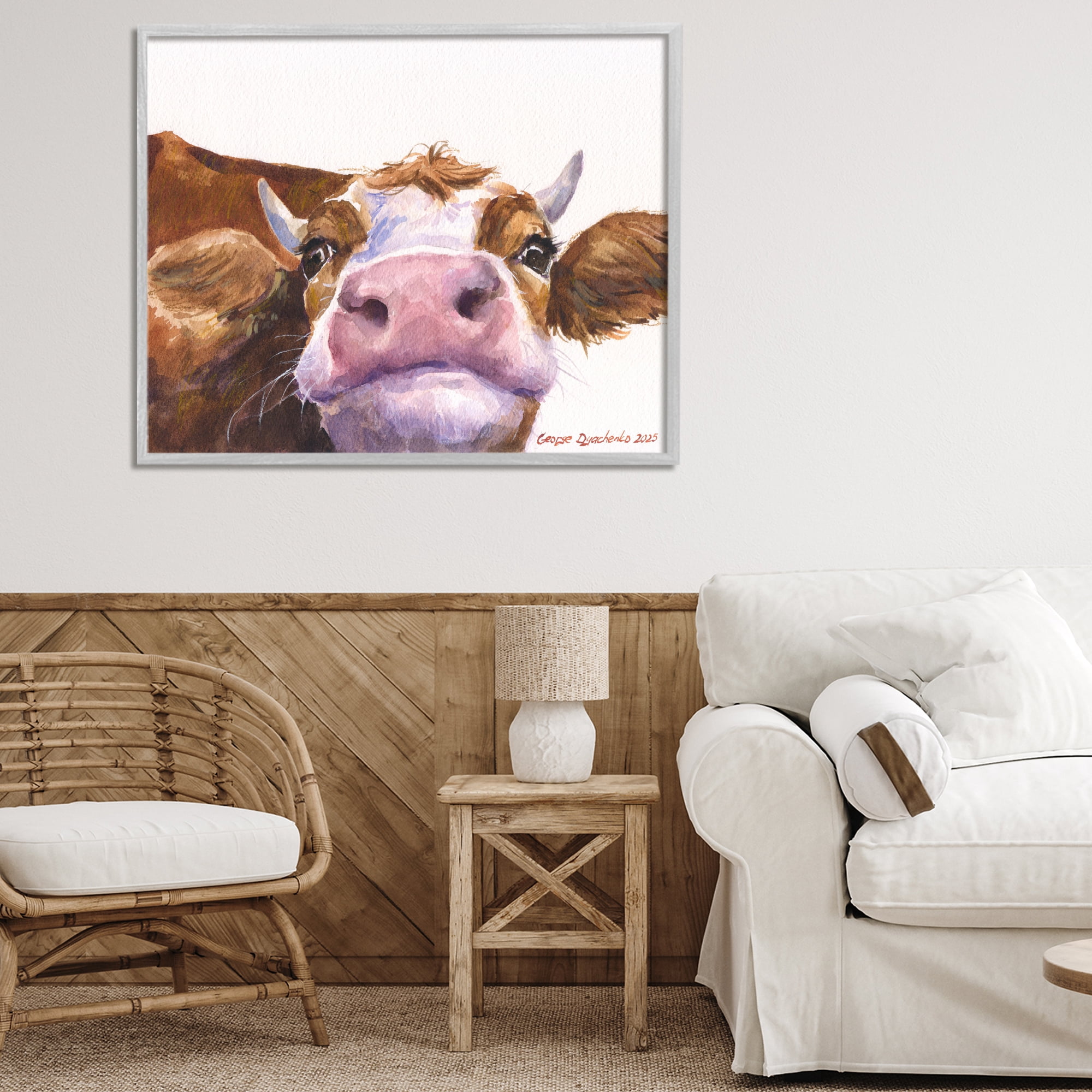 Stupell Industries Cute Cow Close Up Gray Framed Giclee Art, design by George Dyachenko